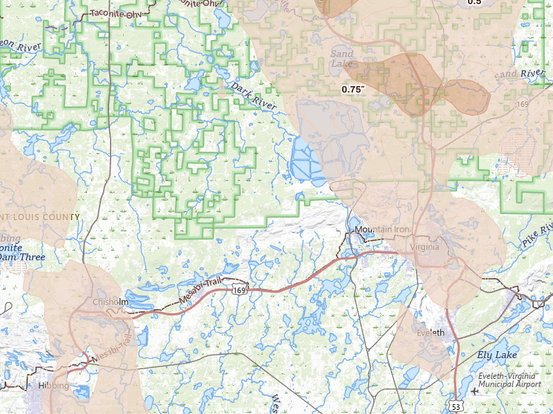 Radar-estimated hail-size map of the storm over Mountain Iron, MN on Jul 26, 2026