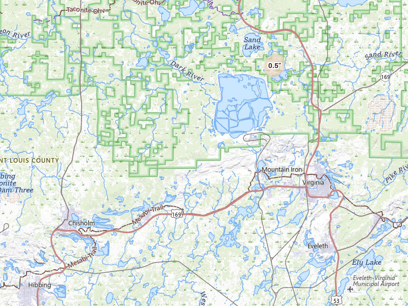 Radar-estimated hail-size map of the storm over Mountain Iron, MN on Jul 29, 2026