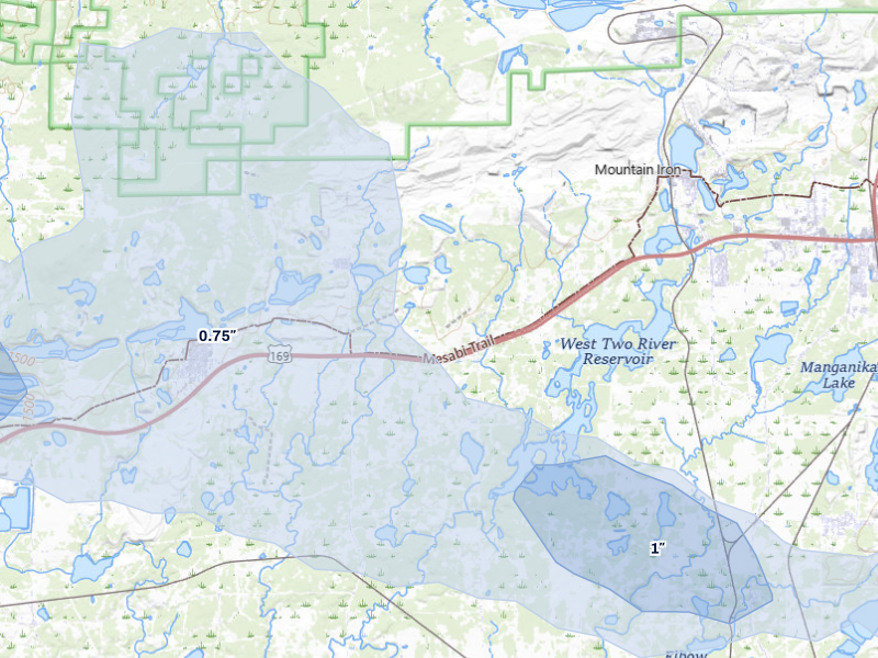 NEXRAD radar-signature map of the hail storm over Mountain Iron, MN on Aug 17, 2026