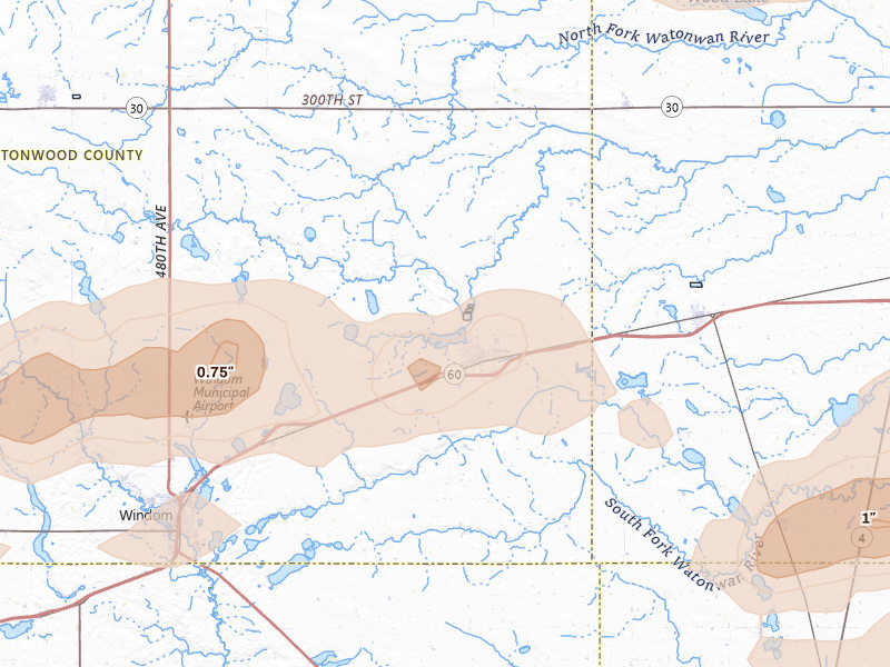 Radar-estimated hail-size map of the storm over Mountain Lake, MN on Apr 13, 2026
