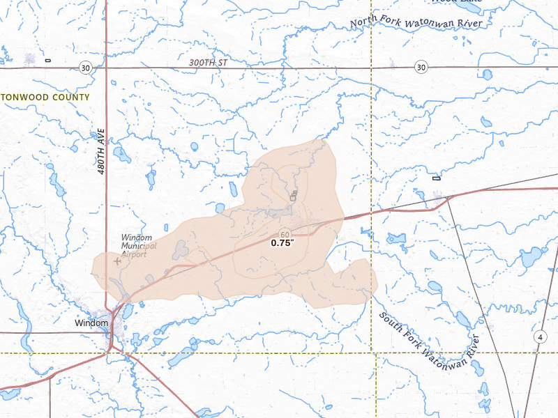 Radar-estimated hail-size map of the storm over Mountain Lake, MN on May 25, 2026