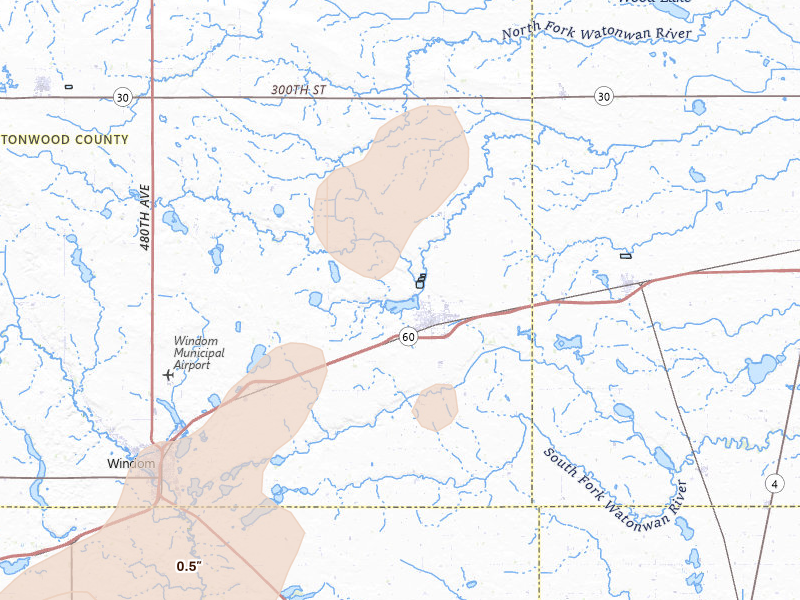 Radar-estimated hail-size map of the storm over Mountain Lake, MN on Jun 29, 2026