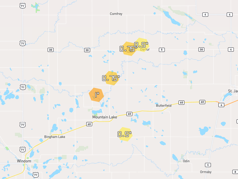 Hail map of Mountain Lake, MN on Jun 30, 2026, hail up to 1"
