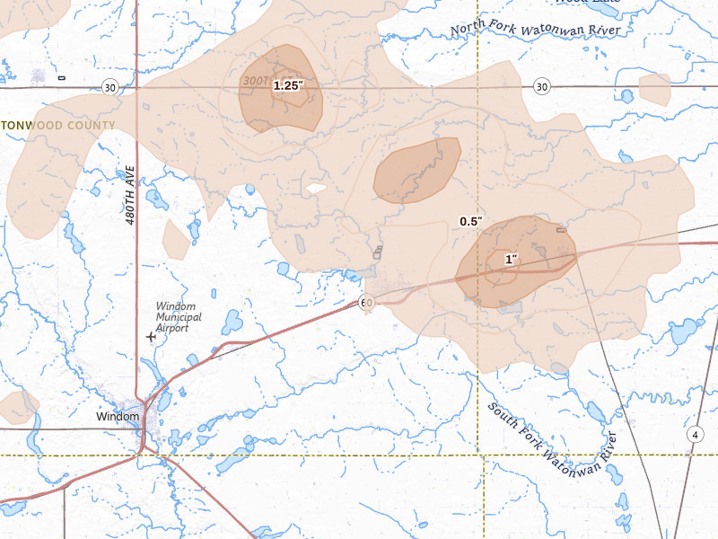 Radar-estimated hail-size map of the storm over Mountain Lake, MN on Jul 2, 2026
