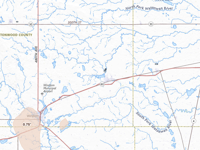 Radar-estimated hail-size map of the storm over Mountain Lake, MN on Jul 4, 2026