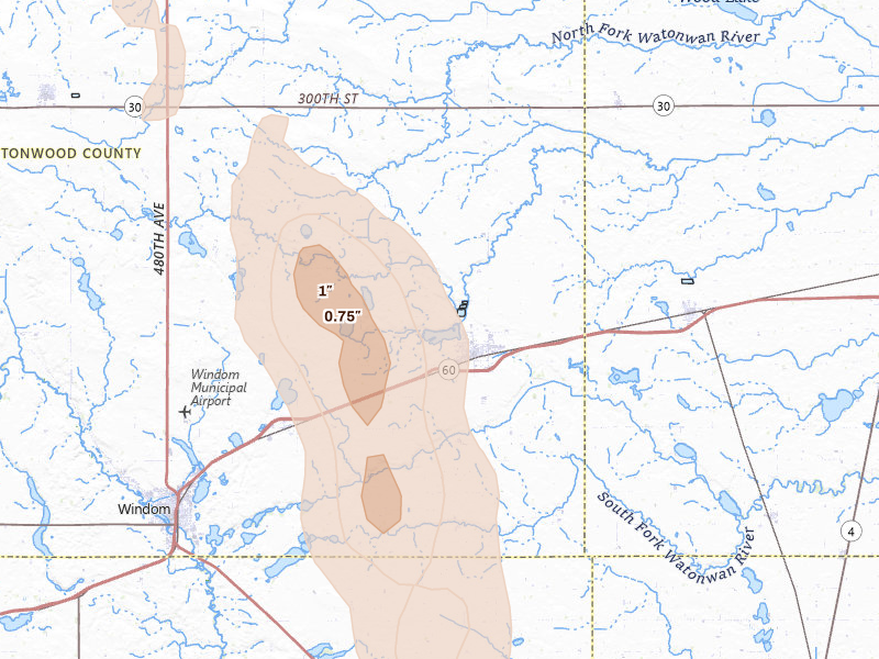 Radar-estimated hail-size map of the storm over Mountain Lake, MN on Jul 6, 2026