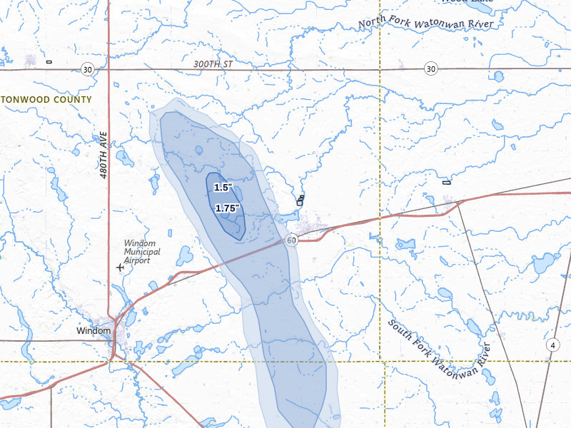 NEXRAD radar-signature map of the hail storm over Mountain Lake, MN on Jul 6, 2026