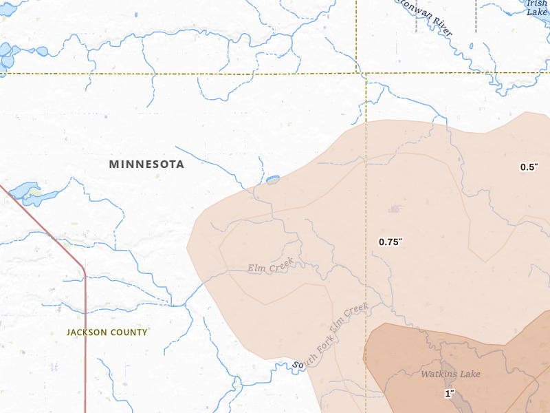 Radar-estimated hail-size map of the storm over Mountain Lake, MN on Aug 7, 2026