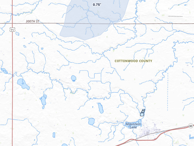 NEXRAD radar-signature map of the hail storm over Mountain Lake, MN on Aug 7, 2026