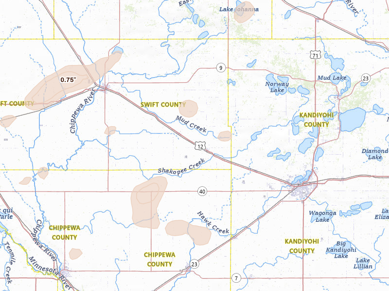Radar-estimated hail-size map of the storm over Murdock, MN on Jun 4, 2026