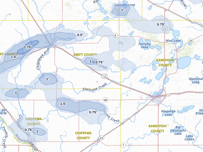 NEXRAD radar-signature map of the hail over Murdock, MN