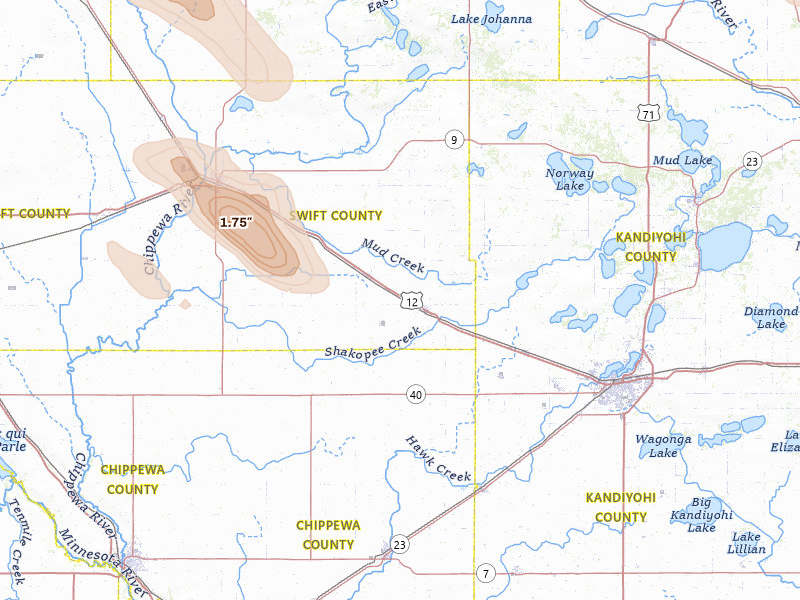 Radar-estimated hail-size map of the storm over Murdock, MN on Jun 5, 2026