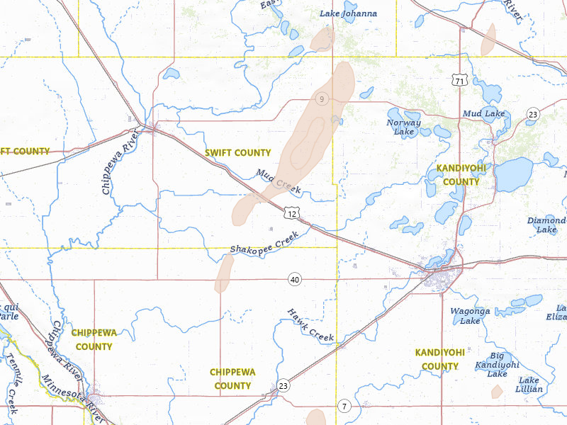 Radar-estimated hail-size map of the storm over Murdock, MN on Jun 9, 2026