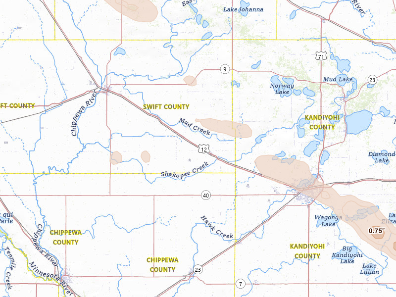 Radar-estimated hail-size map of the storm over Murdock, MN on Jun 23, 2026