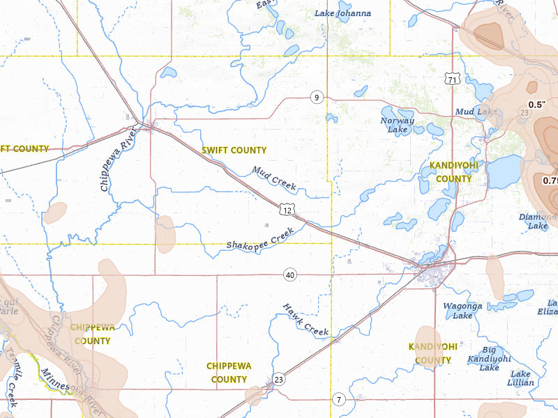 Radar-estimated hail-size map of the storm over Murdock, MN on Jul 4, 2026