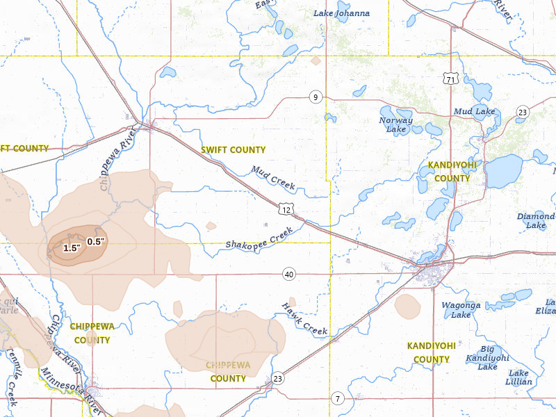 Radar-estimated hail-size map of the storm over Murdock, MN on Jul 19, 2026