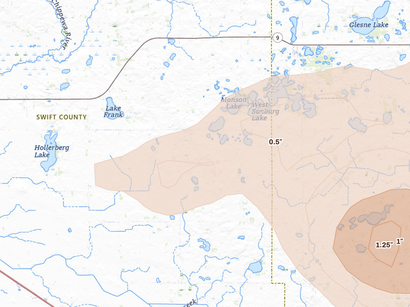 Radar-estimated hail-size map of the storm over Murdock, MN on Aug 7, 2026