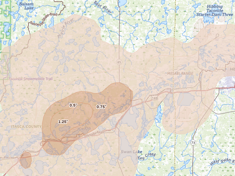 Radar-estimated hail-size map of the storm over Nashwauk, MN on Jun 29, 2026