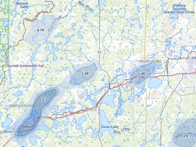NEXRAD radar-signature map of the hail storm over Nashwauk, MN on Jun 29, 2026