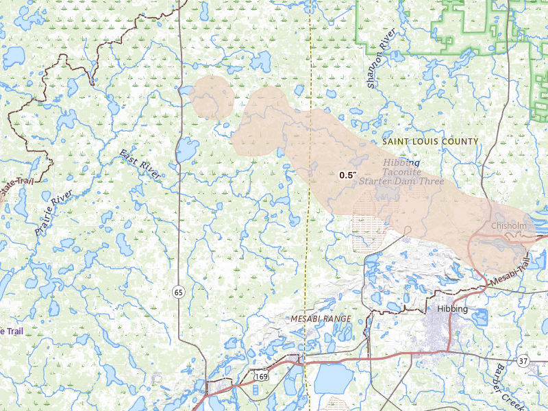 Radar-estimated hail-size map of the storm over Nashwauk, MN on Aug 17, 2026