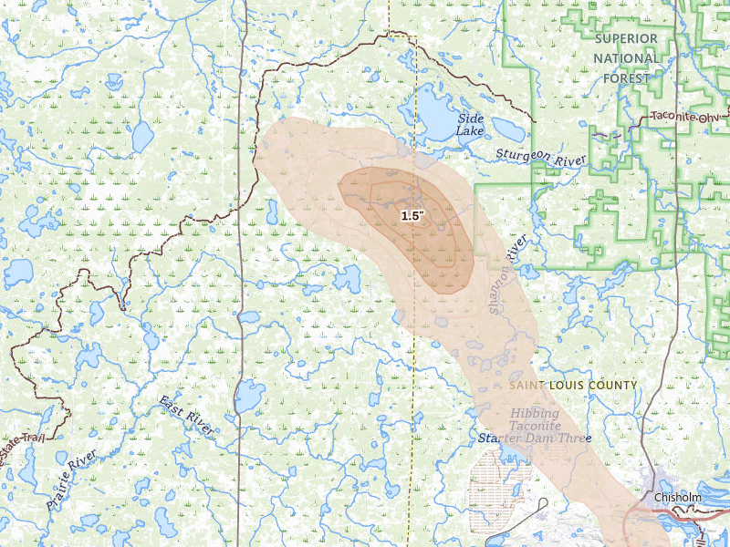 Radar-estimated hail-size map of the storm over Nashwauk, MN on Aug 20, 2026
