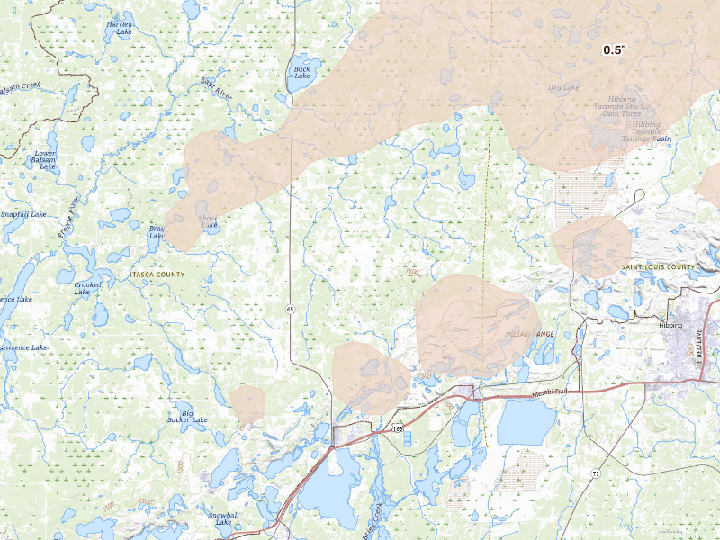 Radar-estimated hail-size map of the storm over Nashwauk, MN on Sep 11, 2026