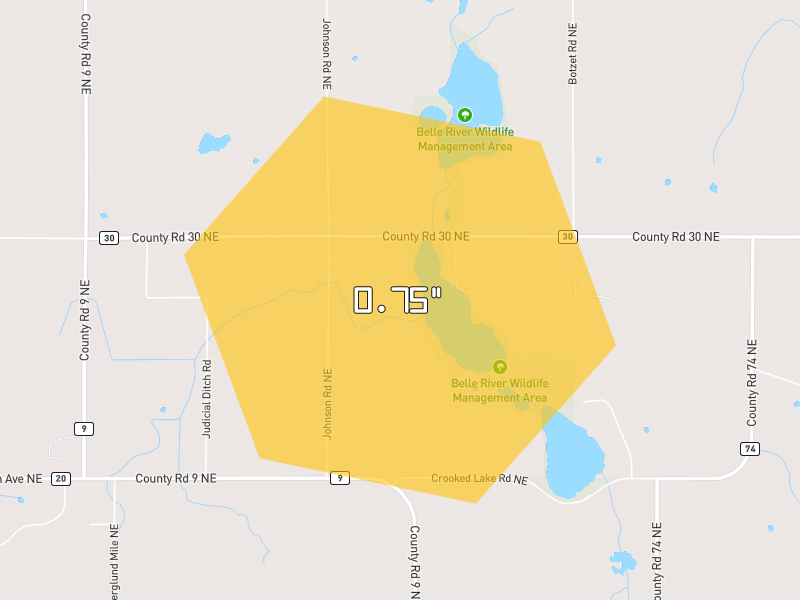 Hail map of Nelson, MN on Jun 30, 2026, hail up to 0.75"