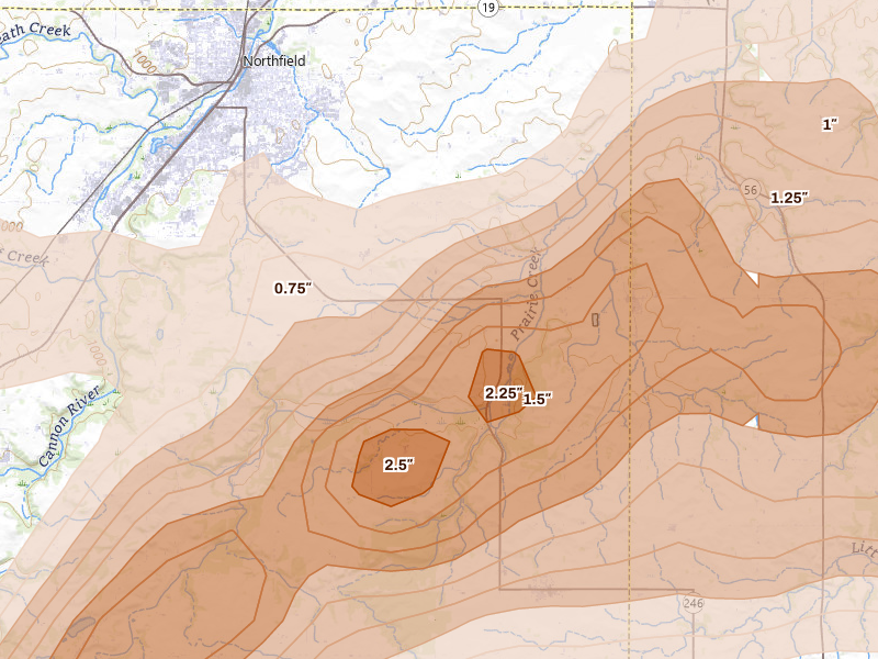 Radar-estimated hail-size map of the storm over Nerstrand, MN on Apr 13, 2026
