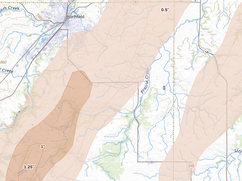 Radar-estimated hail-size map of the storm over Nerstrand, MN on Apr 17, 2026