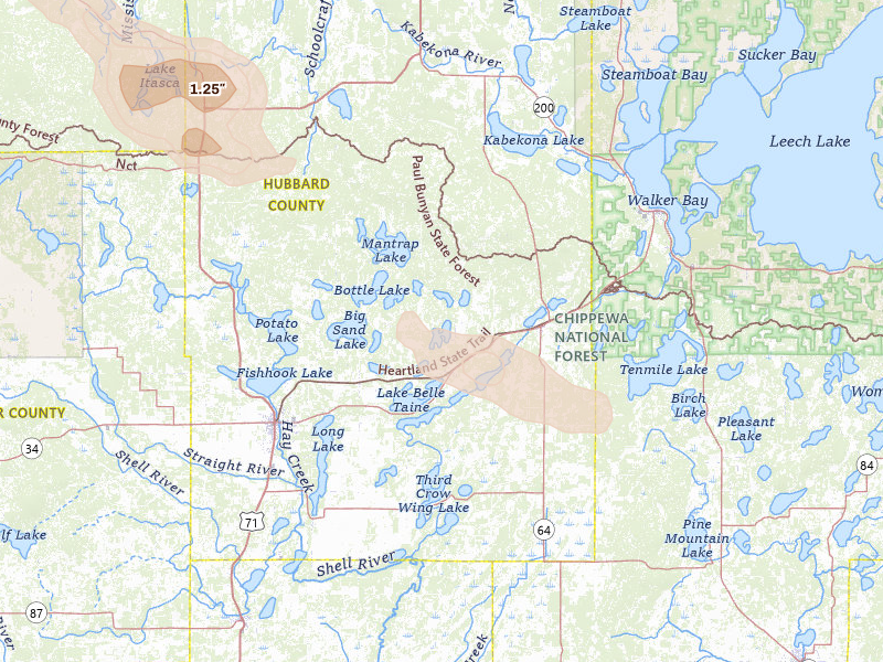 Radar-estimated hail-size map of the storm over Nevis, MN on Jun 23, 2026