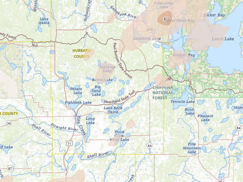 Radar-estimated hail-size map of the storm over Nevis, MN on Jun 29, 2026