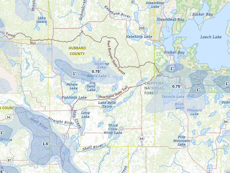 NEXRAD radar-signature map of the hail storm over Nevis, MN on Jul 6, 2026