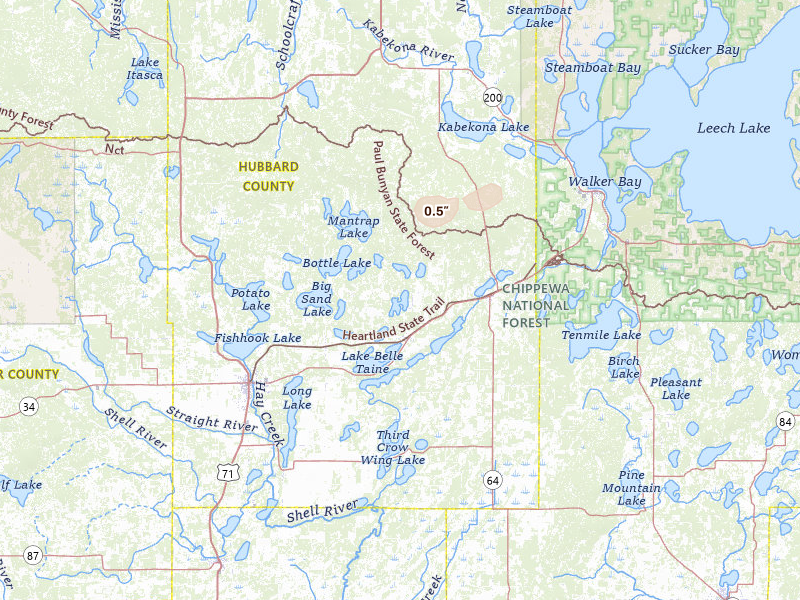 Radar-estimated hail-size map of the storm over Nevis, MN on Jul 14, 2026