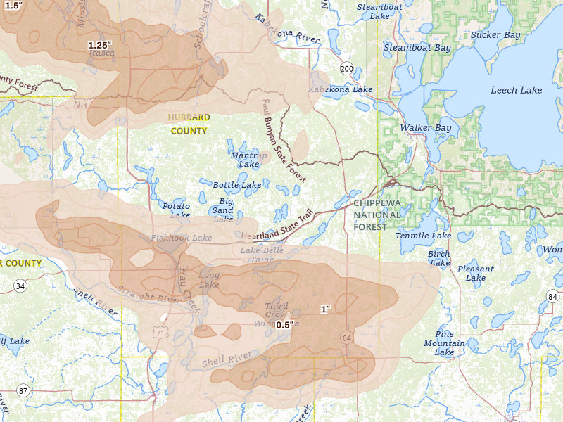 Radar-estimated hail-size map of the storm over Nevis, MN on Aug 6, 2026