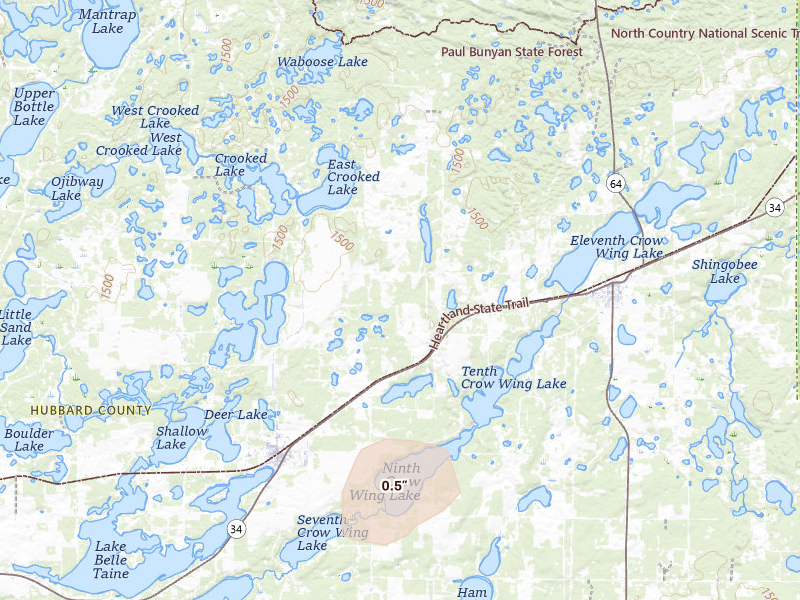 Radar-estimated hail-size map of the storm over Nevis, MN on Aug 17, 2026