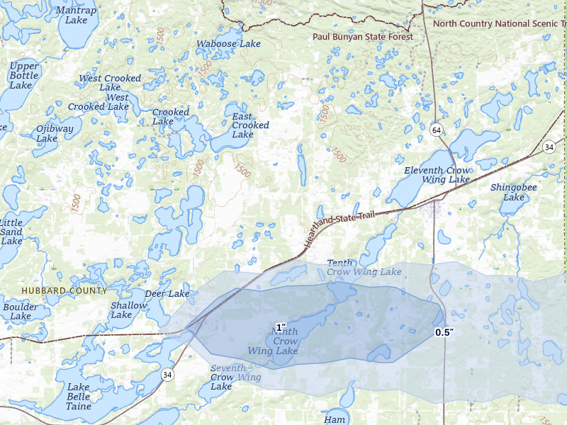 NEXRAD radar-signature map of the hail storm over Nevis, MN on Aug 17, 2026