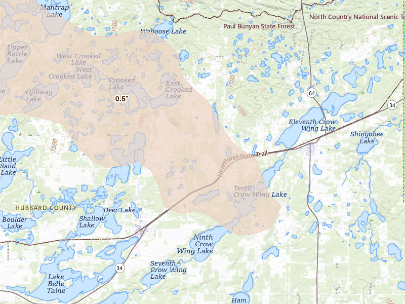 Radar-estimated hail-size map of the storm over Nevis, MN on Sep 3, 2026
