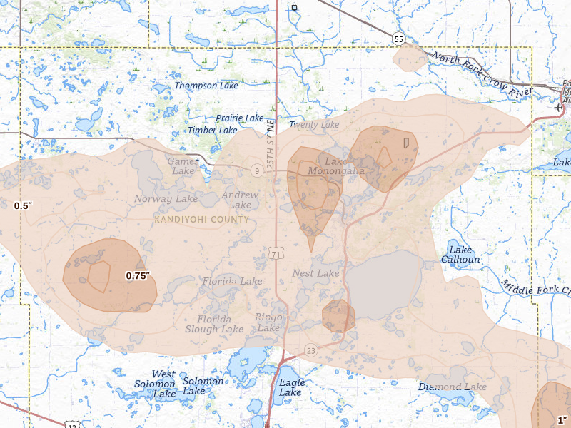 Radar-estimated hail-size map of the storm over New London, MN on Aug 7, 2026
