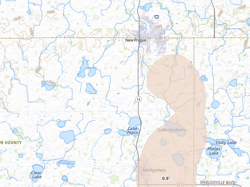 Radar-estimated hail-size map of the storm over New Prague, MN on Jun 9, 2026