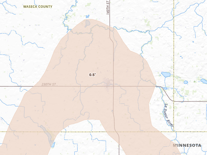 Radar-estimated hail-size map of the storm over New Richland, MN on Jun 30, 2026