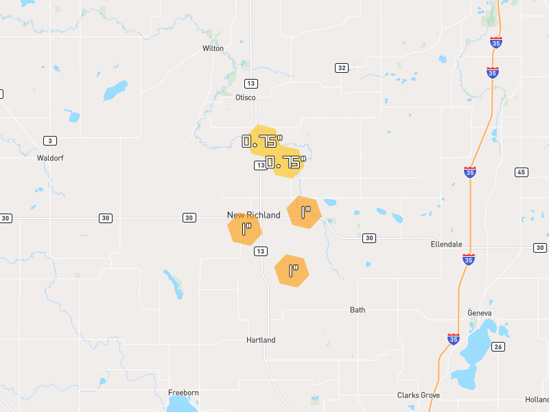 Hail map of New Richland, MN on Jul 1, 2026, hail up to 1"