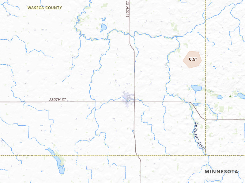 Radar-estimated hail-size map of the storm over New Richland, MN on Jul 2, 2026