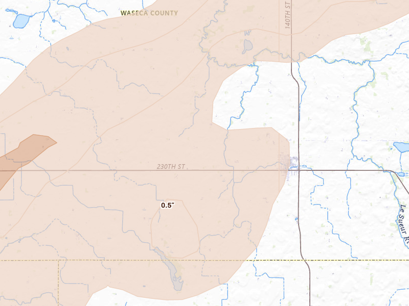 Radar-estimated hail-size map of the storm over New Richland, MN on Sep 1, 2026