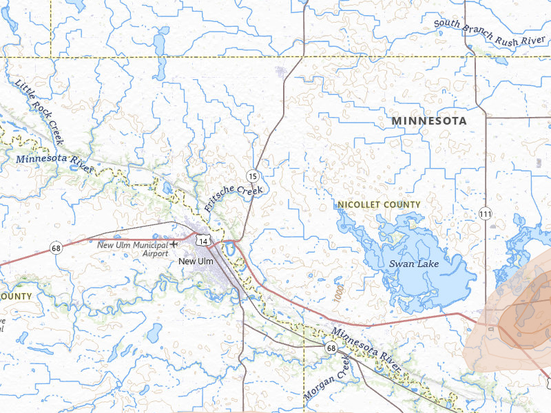 Radar-estimated hail-size map of the storm over New Ulm, MN on Apr 13, 2026