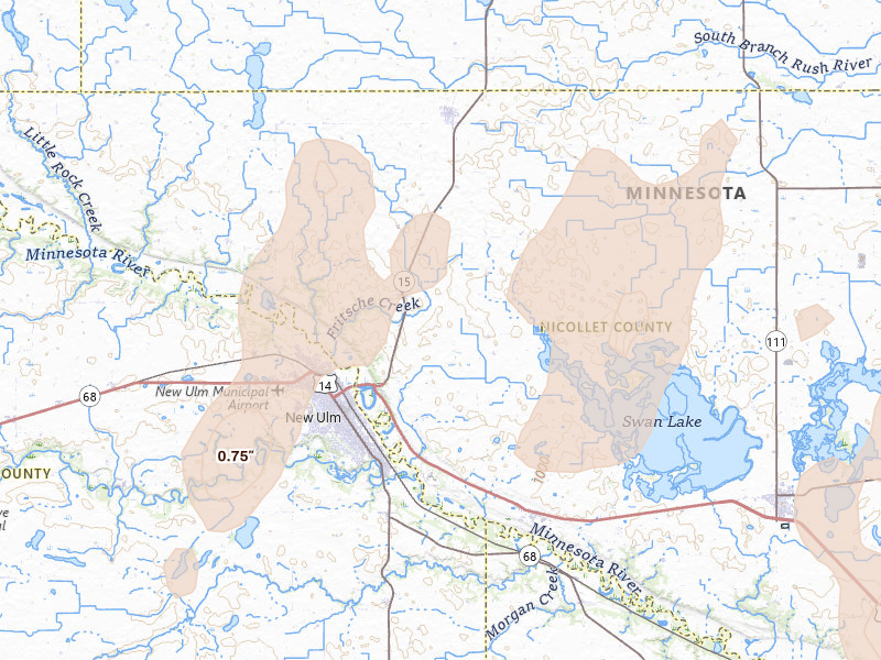 Radar-estimated hail-size map of the storm over New Ulm, MN on Apr 17, 2026