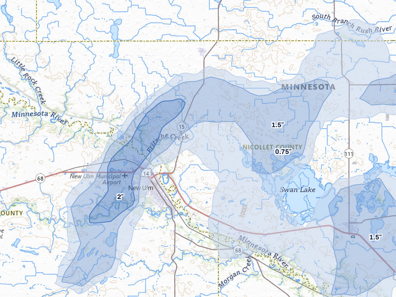 NEXRAD radar-signature map of the hail over New Ulm, MN