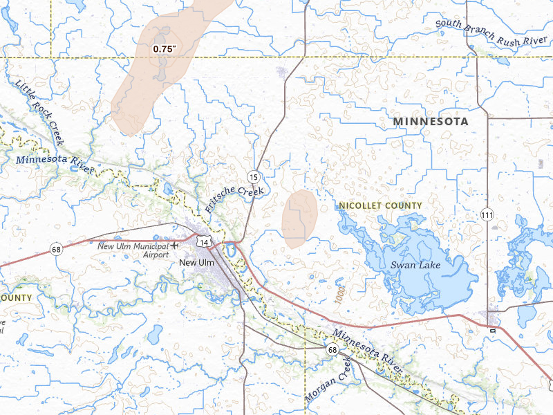 Radar-estimated hail-size map of the storm over New Ulm, MN on May 17, 2026