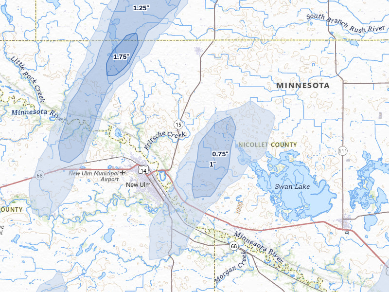 NEXRAD radar-signature map of the hail storm over New Ulm, MN on May 17, 2026