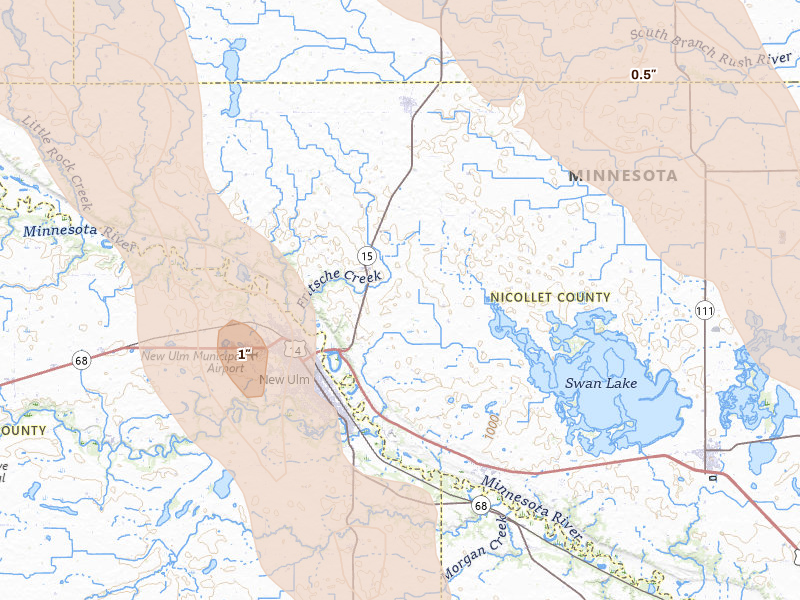 Radar-estimated hail-size map of the storm over New Ulm, MN on May 24, 2026