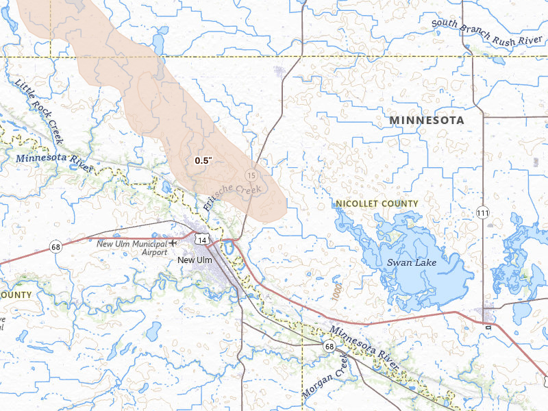 Radar-estimated hail-size map of the storm over New Ulm, MN on Jun 23, 2026